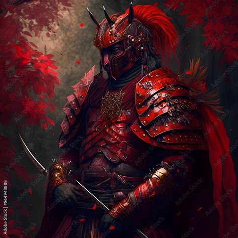 Fantasy Image Male Scarlet Samurai Warrior In Full Red Samurai Armor