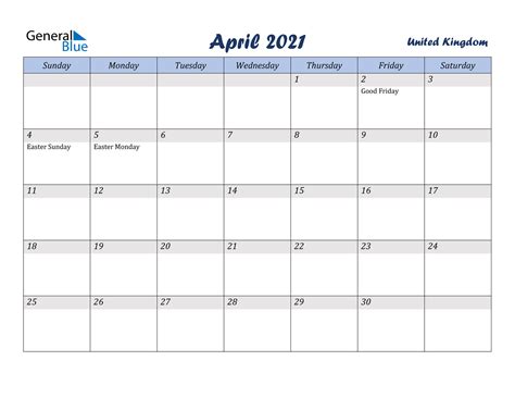 April 2021 Calendar United Kingdom