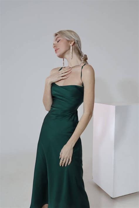Emerald Green Silk Bridesmaid Dress With Cowl Neck Midi Silk Etsy