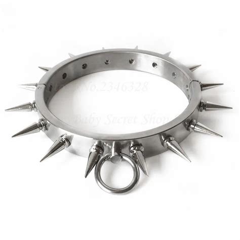 heavy stainless steel fetish slave restraint neck collar with thorn detachable spike choker bdsm