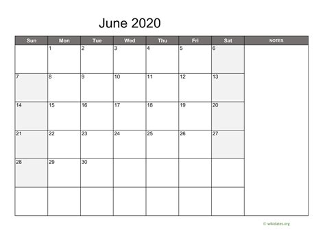 June 2020 Calendar With Notes
