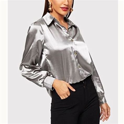 new stylish women s long sleeve satin shirt blouse female formal ol ladies loose silk satin