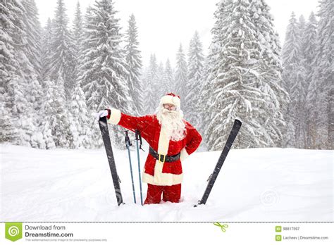 Santa Claus Skiing In The Mountains On Snow In Winter In Christm Stock