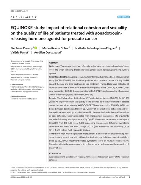 Pdf Equinoxe Study Impact Of Relational Cohesion And Sexuality On The Quality Of Life Of
