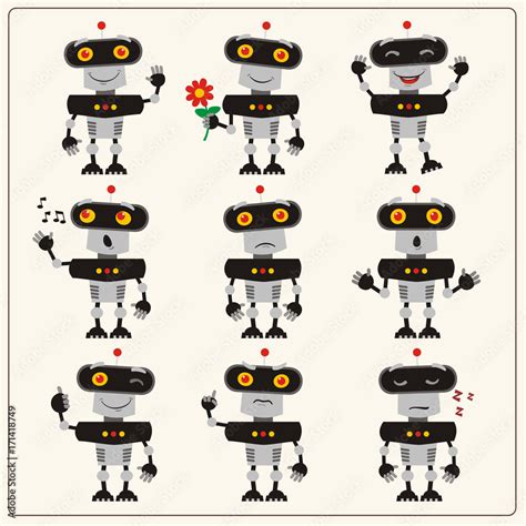 Set Emoticon Black Gray Robot With Different Emotions Collection