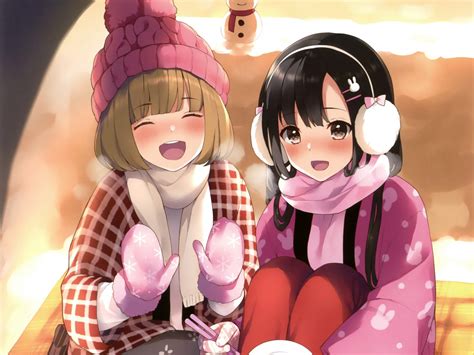 Download 1400x1050 Wallpaper Winter Cute Anime Girls Friends Standard 43 Fullscreen