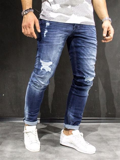 Men Slim Fit Simply Ripped Jeans Blue Ripped Jeans Men Slim Fit Ripped Jeans White Jeans Men
