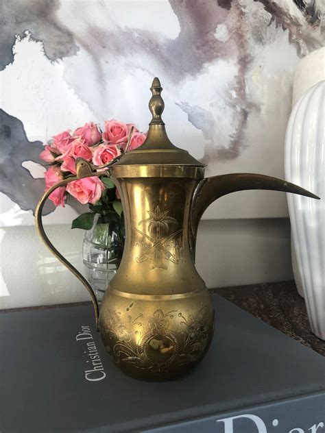 Large Vintage Brass Dallah Arabic Coffee Pot With Etched Etsy