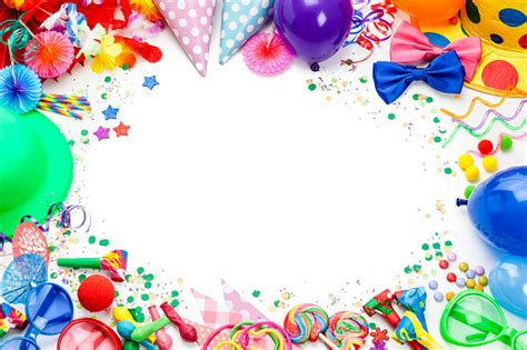 Colorful Carnival Or Party Frame Of Balloons Streamers And Confetti On