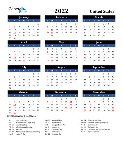 2022 Calendar Holidays Usa