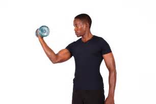 Fitness Man Exercising With Dumbbells Man Doing Bicep Curls High