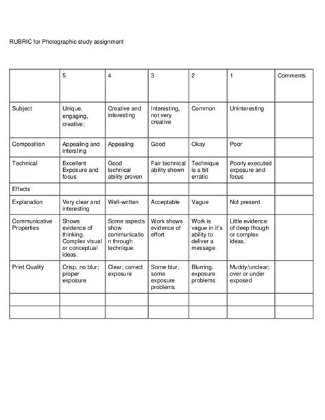 Rubric For Photographic Study Assignment
