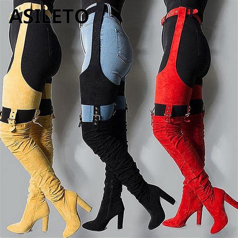 Asileto Thigh High Boots Women Winter Over The Knee Heeled Boots Strap