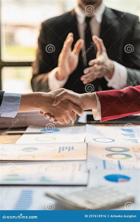 Handshaking With Applicants After The Interview Of Two Businessmen Who Signed A Contract Stock