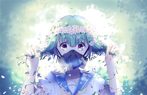 Download 3207x2080 Anime Girl Gas Mask Flowers Short