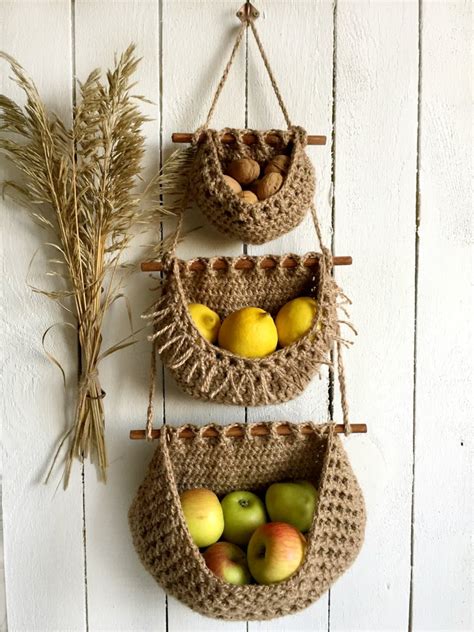 Hanging Fruit Basket Boho Style Three Tier Jute Wall Basket Etsy