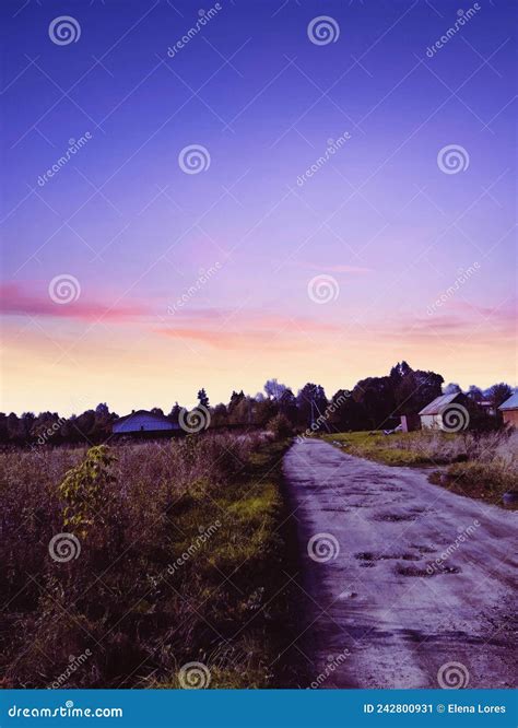 Rural Road Near Flower Meadow Old Houses Stock Image Image Of Pink