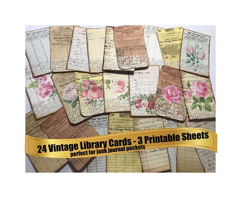 24 Library Cards 3 Vintage Printable Ephemera Sets Plain Lace Etsy