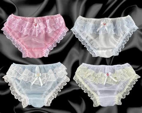 Frilly Lace Sissy Sheer Soft Nylon Satin Bow Panties Knickers Briefs