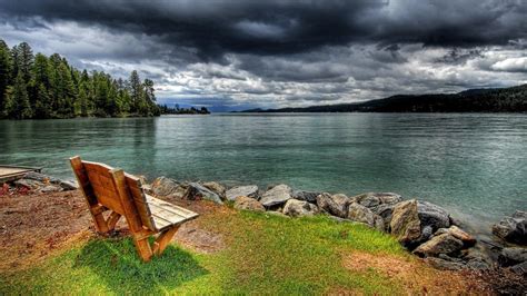 Man Made Bench Lake Wallpaper Relaxing Places Lakeside View Natural