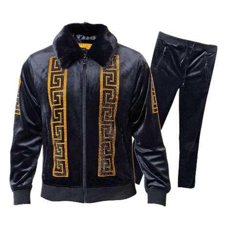 Prestige Black Gold Crystal Studded Velour Faux Fur Tracksuit Outfit Jgs