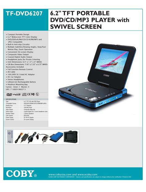Coby Tf Dvd6207 Portable Dvd Player Specifications Manualslib