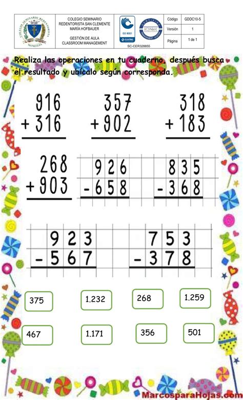 Ejercicio De Sumas Y Restas De Tres Digitos