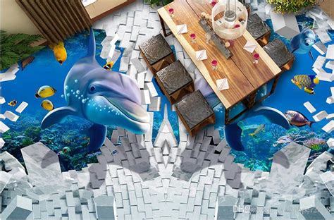 Wallpaper For Walls 3d Sea World Underwater Caves Dolphin Fish Flooring Bricks Bathroom