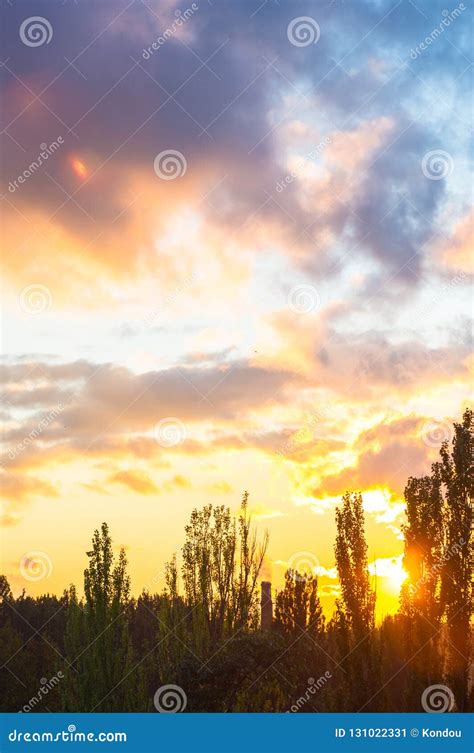 Landscape With Dramatic Light Beautiful Golden Sunset With Sat Stock