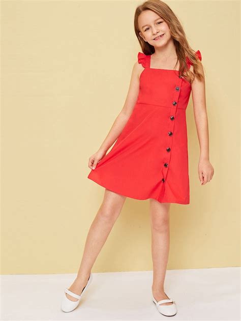 Shein Girls Buttoned Front Ruffle Strap Dress Kids Designer Dresses