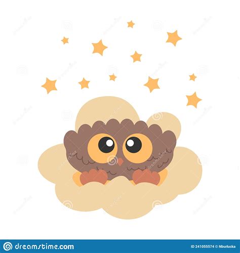 Little Cute Bird Owl With Big Eyes Sitting On Cloud Stock Vector