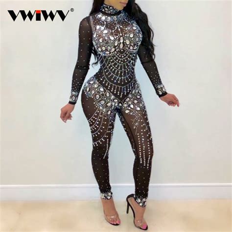 Buy Vwiwv Women Mock Neck Jumpsuit Sequin Rhinestone Diamonds Jumpsuits Long