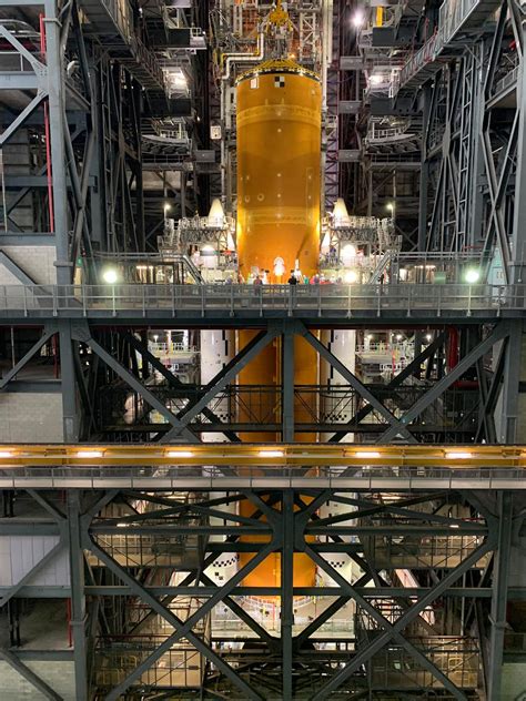 Nasas 1st Sls Core Stage Lifted Vertical And Stacked Between Twin