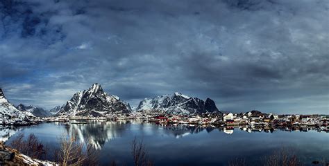 Picture Lofoten Norway Reine Winter Mountains Sky Rivers Cities