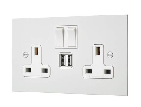 White Etched Prime Double Socket With Usb Twin Switched 2 Gang 13 Amp