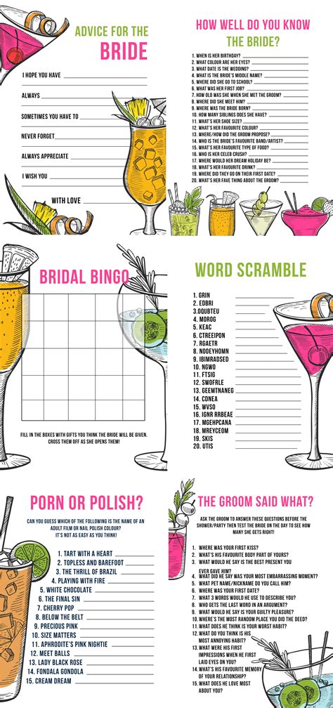 Bridal Shower Hen Bachelorette Party Cocktail Themed Games Pack