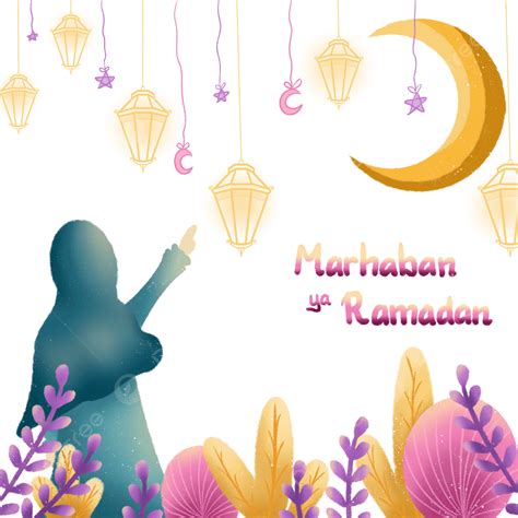 Gambar Desain Marhaban Ramadhan Dengan Ilustrasi Muslimah Dan Lentera