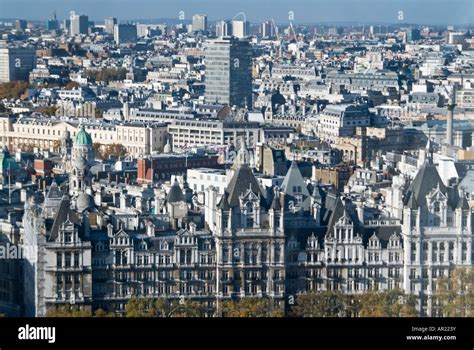 Horizontal Wide Angle Aerial View Across The Rooftops Of Central London