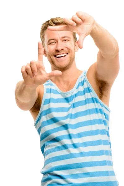 Happy Man Thumbs Up Sign Full Length Portrait On White Backgroun Stock