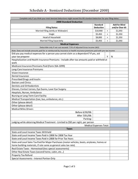 Worksheet For Tax Deductions
