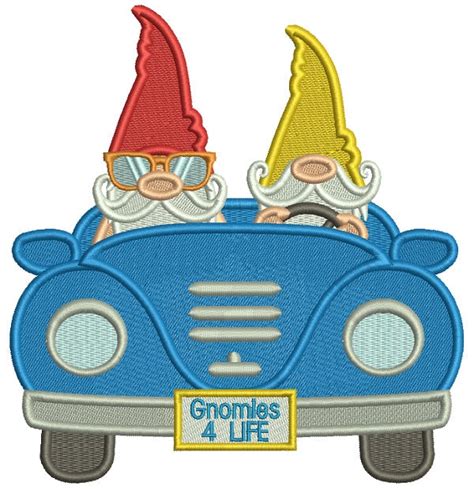Two Gnomes Driving A Car Filled Machine Embroidery Design Digitized Pa