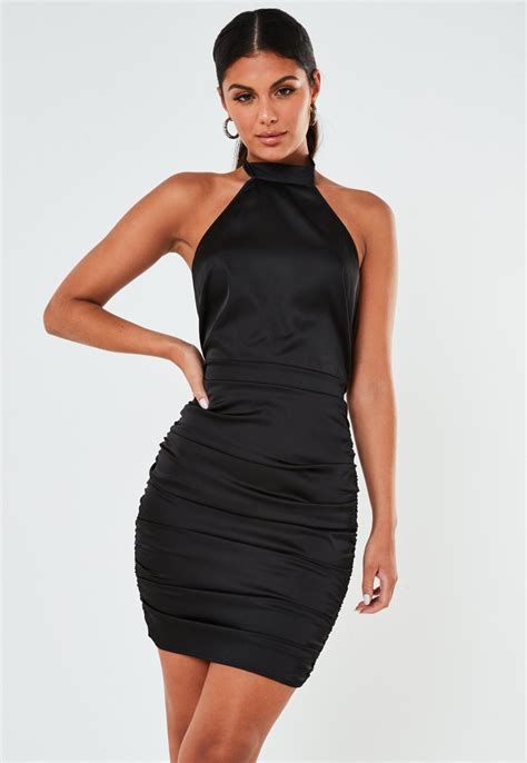 Black Satin Halterneck Ruched Mini Dress Missguided Australia