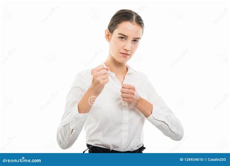 Young Pretty Bussines Woman Showing Angry Both Fists Gesture Stock