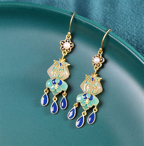 I03 Cloisonne Earring Blue Turquoise White Jade Silver 925 Gold Plated