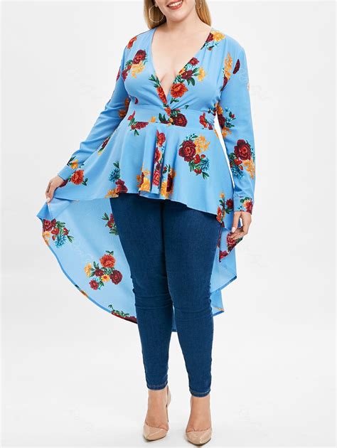68 Off Plus Size Plunge High Low Floral Maxi Blouse Rosegal
