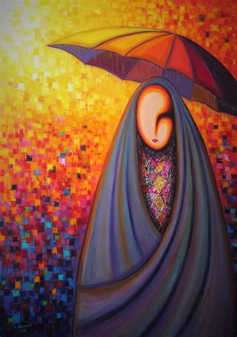 Painting Of An Arab Lady In Abaya Traditional Dress With Umbrella By