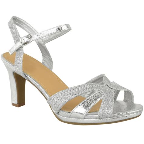 Womens Ladies Mid Block Heel Strappy Sandals Wedding Glitter Bridal Party Size Ebay