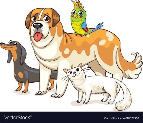 Dogs A Cat And A Parrot Standing Together Vector Image