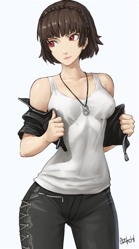 Safebooru 1girl Bare Shoulders Blue Background Breasts Brown Hair Commentary Jewelry Necklace