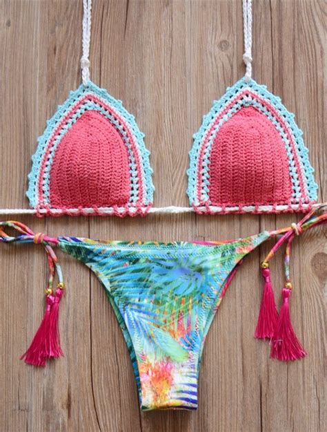 red top leaf knit brazilian bikini set swimwear swimsuit handmade swimsuit crochet bikini